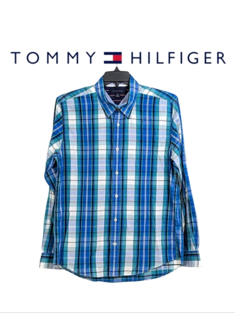 Tommy Hilfiger Plaid Casual Button Down Shirt Size Mens Large - Blue & White